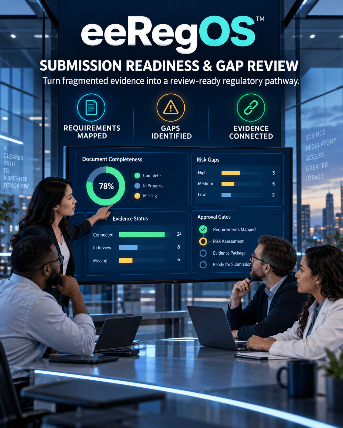 A regulatory team reviewing submission readiness and evidence gaps in eeRegOS